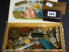 Box of mixed collectables including coinage, whistles etc