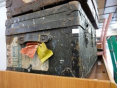 Heavy metal banded trunk with labels for Cunard White Star Lines, Boston to Liverpool