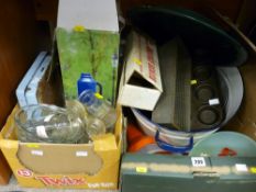 Two boxes of kitchen tins, enamel bath, provision containers etc (a parcel)