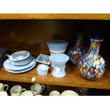 Pair of millefiori glass vases and a quantity of blue and white Wedgwood Jasperware