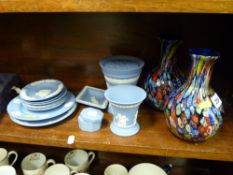 Pair of millefiori glass vases and a quantity of blue and white Wedgwood Jasperware