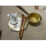 Graduated set of three brass milk pans, good white metal collection plate etc