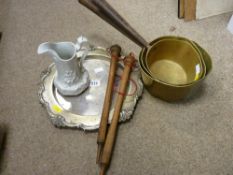 Graduated set of three brass milk pans, good white metal collection plate etc