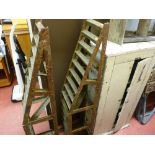 Vintage garage pine cupboard, pair of car ramps and a set of steps
