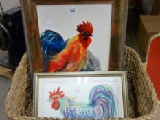 Wicker basket containing colourful modern KAREN JONES enamel and glass - cockerels, titled '