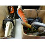 Box of hand tools, hedge trimmers etc E/T