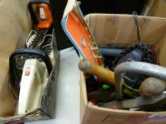 Box of hand tools, hedge trimmers etc E/T