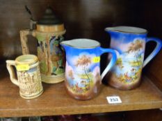 Two steins and an odd sized pair of Staffs jugs decorated with cattle scenes