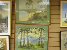 Framed watercolour - trees and mountainscape, indistinctly signed and a framed print - seaside