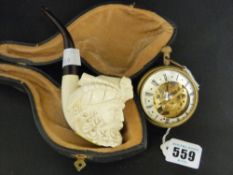 Cased Meerschaum pipe and a bullseye clock