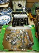 Quantity of souvenir spoons, cased cutlery, pair of twist column candlesticks etc