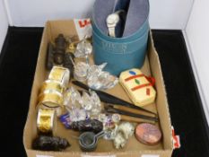 Box of mixed collectables including lady's wristwatch, serviette rings etc