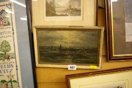 Parcel of paintings and engravings including an indistinctly signed seascape