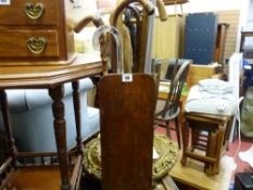 Polished stickstand and contents and a loom type linen basket with miscellaneous contents etc