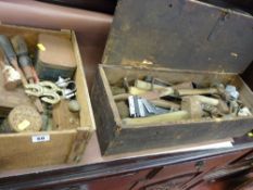 Two wooden boxes containing garage items, tools etc