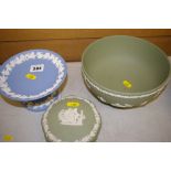 Wedgwood Jasperware blue pedestal dish, a green Wedgwood Jasperware pedestal bowl and a green ring