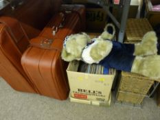 Mixed contents parcel including storage baskets, LP records, suitcases and a soft toy