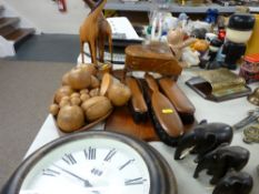 Modern wall clock, treen fruit, other treen ware including elephant family etc
