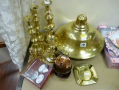 Parcel of brass and copperware including three pairs of candlesticks etc
