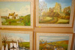 Set of four oils on board by H RYLAND, various scenes (hanging on the wall)