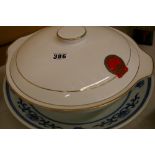 Blue and white dish and tureen both having the emblem for The People's Republic of China