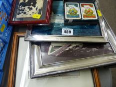 Two good white metal picture frames with cruise liner photographs, other framed images and an Orient