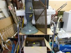 Parcel of vintage metalware including paraffin lamps, fireside items etc