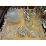 Pair of glass candlesticks, decanter and other mixed glassware