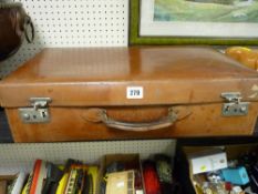 Vintage gent's tan leather suitcase, initialled 'F P K'