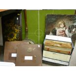 Mixed parcel of items including painting on panel, brass warming pan, vinyl records etc