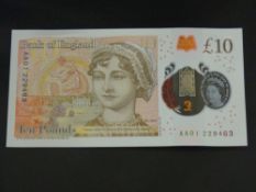 Jane Austen ten pound note, serial number beginning AA01