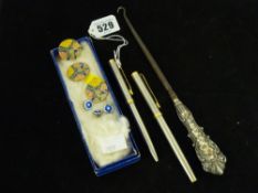 Silver and enamel buttons, other buttons, button holer and a Parker pen set