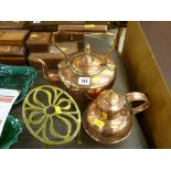 Brass kettle stand, copper kettle and a copper jug