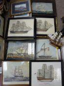 Box of mainly maritime paintings and prints and a model of a clipper