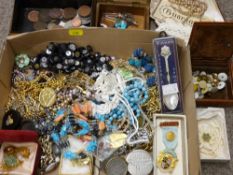 Large quantity of costume jewellery, brooches, medallions, souvenir spoons etc