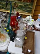 A parcel of art glass, a two-bottle decanter caddy & a carved box etc