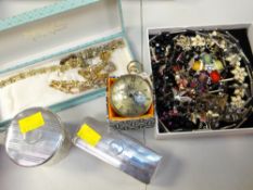 A parcel of costume jewellery together with two silver lidded dressing table glass jars, a