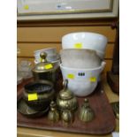 A parcel of brassware & pottery jelly moulds