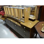 A vintage mirrored long dressing table, metal & wood shelving unit, a small hardwood topped brass