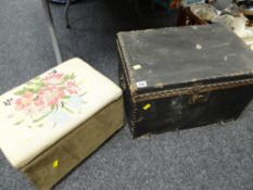 A studded vintage box & a box tapestry top stool