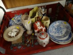 Parcel of mixed items including candlestick holder, alabaster urn & sundry pottery