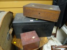 Painted black pine leather handled deed box together with another smaller brass box etc