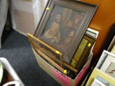 A box of various framed oils together with an unusual religious painting in oil on tin