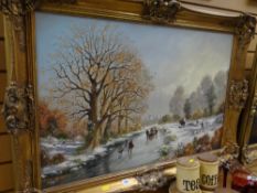 Framed oil painting of a continental winter scene with figures, indistinctly signed