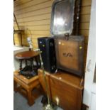 A parcel of items to include a copper fire screen, brass chestnut warmer, brass floor-standing lamp,