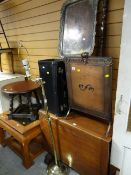 A parcel of items to include a copper fire screen, brass chestnut warmer, brass floor-standing lamp,