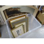 Box of framed prints together with an unframed print of a French cathedral