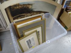 Box of framed prints together with an unframed print of a French cathedral