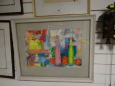A framed colourful abstract / still life, signed by Cherry Coats