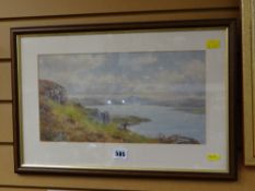 A framed watercolour of two figures enjoying a lake view, signed by SIDNEY WATTS